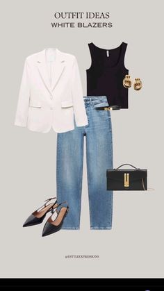 Styling A White Blazer, Outfit Blazer Blanc, How To Style A White Blazer, Outfit Blazer Blanco, Jeans Blazer Outfit, Chic Jean Outfits, Chick Outfit, Attorney Outfit, Design Moda