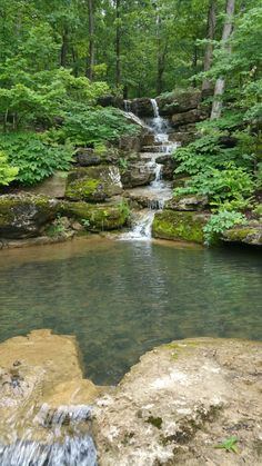 a small waterfall in the middle of a forest