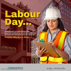 a woman in safety vest and hard hat holding a clipboard with labor day written on it