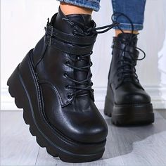 Category:Boots; Upper Materials:PU; Season:Winter; Heel Type:Platform,Chunky Heel; Gender:Women's; Toe Shape:Round Toe; Type:Booties Ankle Boots; Style:Industrial Style,Fashion,Gothic,Comfort,Punk; Heel Height(inch):2-3; Outsole Materials:Rubber; Occasion:Outdoor,Daily,Party; Closure Type:Lace-up; Pattern:Solid Color; Listing Date:09/24/2023; 2023 Trends:Plus Size,Combat Boots,Platform Boots,Lace Up Boots,Height Increasing Shoes Platform Combat Boots, Leather Motorcycle Boots, Shoes Stylish, Ankle Boots Women, Lace Up High Heels, Wedges Shoes, Ankle Shoes, Winter Ankle Boots, Shoes Boots Ankle