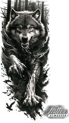 a wolf is running through the woods with his mouth open and claws out, as if it