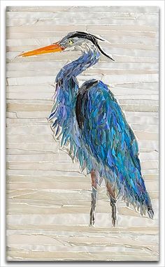 a painting of a blue heron standing in front of a white wall with stripes on it