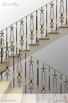 an ornate stair railing with gold and black accents