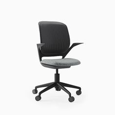 an office chair with wheels on the back and seat upholstered to the side