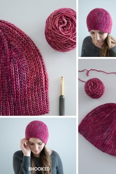 three pictures showing how to make a knitted hat