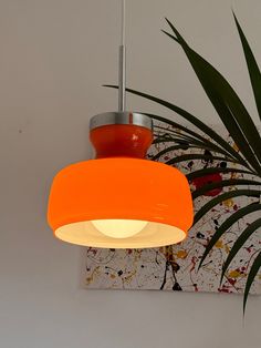 an orange light hanging from the ceiling next to a potted plant and painting on the wall