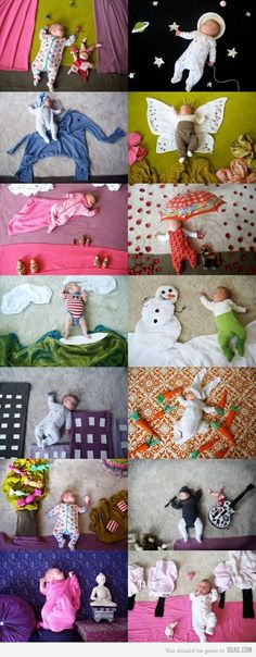 many different pictures of dolls on the floor