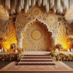 an elaborately decorated room with stairs and chandeliers in the center, surrounded by floral arrangements