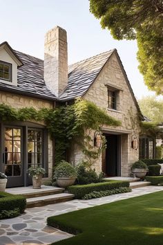 a stone house with lots of greenery on the front