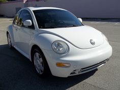 a white volkswagen beetle parked in a parking lot next to a building and palm trees