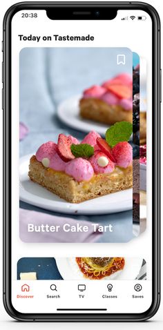 an iphone screen showing the recipe app for butter cake tart, which is on display