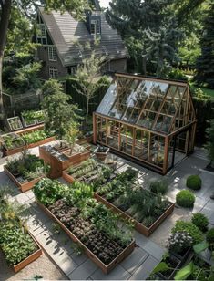 an aerial view of a garden with lots of plants