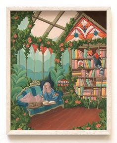 Giclée fine art print of my original, hand-painted acrylic gouache illustration of a cozy greenhouse with stained glass accents, full of sunshine, flowers, a reading witch, and her delightful friends. You'll find a loyal dog curled up happily on the sofa and a mischievous raccoon climbing high on a library ladder to reach a jar of cookies. This print is available in two sizes: 8x10" and 16x20" Since this print is made from a roll of archival cotton paper, and the 16x20" size is shipped rolled in Abigail Ahern Rugs, Cozy Greenhouse, Jar Of Cookies, Sunshine Flowers, Gouache Illustration, Library Ladder, Gouache Illustrations, Acrylic Gouache, Loyal Dogs