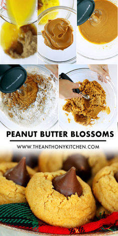 Processed shots of butter bean poured into a bowl of sugar and other ingredients and peanut butter bean mixed in. The bottom shots show the dough coming together and a finished photo of peanut butter thumbprint cookies with Hershey kiss kisses. Peanut Butter Kiss Cookies Recipe, Peanut Butter Thumbprint Cookies, Kiss Cookie Recipe, Chocolate Drop Cookies, Peanut Butter Kiss Cookies, Homemade Peanut Butter Cookies, Butter Blossoms, Chocolate Dipped Cookies, Classic Peanut Butter Cookies