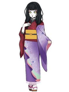 an anime character with long black hair wearing a purple kimono and holding her hand on her hip