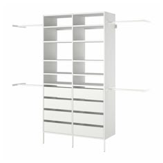 a white bookcase with drawers and shelves on it's sides, against a white background