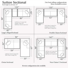 four different sectional sofas are shown with the measurements for each couch and one section