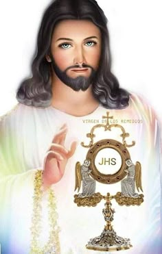 the image of jesus holding his hands up in front of him is surrounded by beads