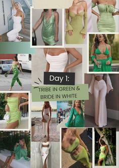 a collage of photos showing different types of women in green and white dresses, with the text day 1 tribe in green and bride in white