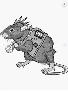 a drawing of a rat holding something in it's mouth and wearing a backpack