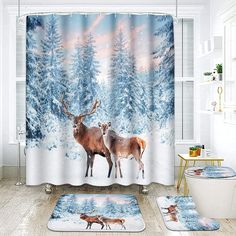 two deer standing in front of a snowy forest scene shower curtain and rugs set