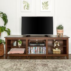 a flat screen tv sitting on top of a wooden entertainment center next to a potted plant