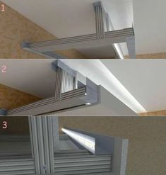 three images show the different angles of an overhead light fixture and how to install it