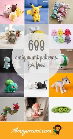 there are many different knitted animals in this collage with the words, 668 amigurmi patterns for free