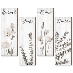 PRICES MAY VARY. Package Includes: you will receive 4 pieces of botanical floral bathroom wall decorations, each wooden sign has a hook on the back for you to hang it, suitable for any home style, such as bohemian or modern style, and it can make people full of excitement, warmth, relaxation, and the feeling of entering nature Quality Materials: these minimalist botanical bathroom wall signs are made of quality wood, wear resistant, rust resistant, corrosion resistant, lightweight, beautiful in Botanical Bathroom, Laundry Room Wall, Relax Soak Unwind, Laundry Room Wall Decor, Floral Bathroom, Flower Bedroom, Wooden Wall Panels, Stil Boho, Boho Bathroom