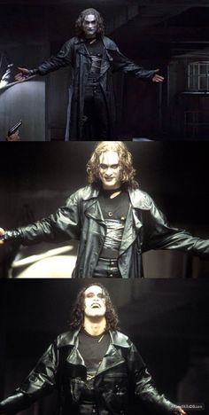 three different images of the same man in black leather clothes and one with his arms outstretched