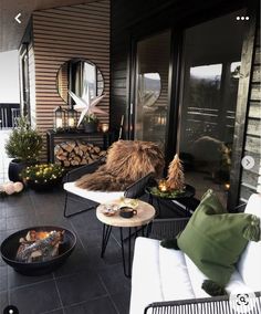 an outdoor patio decorated for the holidays