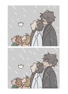 two comics depicting people kissing in the rain