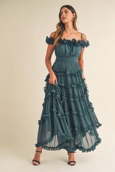 Leylani Teal Ruffle Tiered Maxi Dress Tiered Frill Dress, Teal Boho Dress, Teal Clothes Aesthetic, Smart Casual Outfits For Women, New Year Fashion, Teal Outfits, Off Shoulder Bridesmaid Dress, Ruffles Bridesmaid Dresses, Teal Bridesmaid