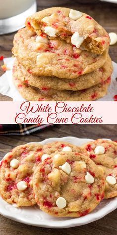 white chocolate candy cane cookies are stacked on top of each other and ready to be eaten