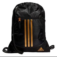 New Guaranteed Authentic 13.75"X18" Black/Gold Carry Just What You Need With This Adidas Sack Pack,The Proper Size For A Change Of Clothes,Wallet,Keys And Other Essentials. Zip Pocket,Logo At Front Drawstrings Convert To Shoulder Straps Polyester Spot Clean Only Well Made Adidas /Travel Lightweight Bag No Box And No Dust Bag Men's/Women's Backpack Pet And Smoke Free Home Adidas/Nike Adidas Backpack, Adidas Bags, Gym Backpack, Workout Bags, Lightweight Bag, Baggy Pants, Athletic Fashion, Black Backpack, Black Adidas