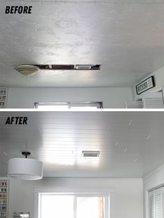 before and after photos of a white painted room with light coming from the ceiling above