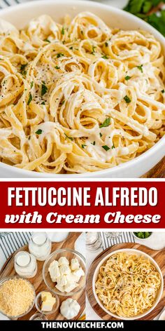 the recipe for fettuccine alfredo with cream cheese is shown in three pictures