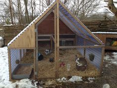 a chicken coop with two chickens inside in the snow