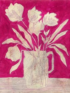 a drawing of flowers in a vase on a table with pink paper and wood planks