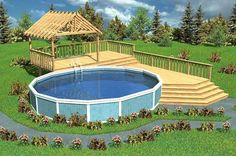 an above ground swimming pool with steps and gazebo next to it in the grass