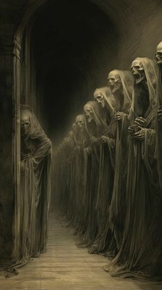 a group of people with long veils standing in front of a tunnel filled with skulls