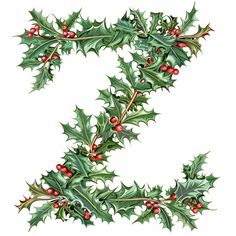 the letter e is made up of holly leaves and red berries