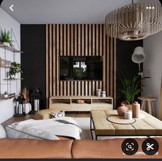 a living room filled with lots of furniture next to a wall mounted tv on top of a wooden shelf