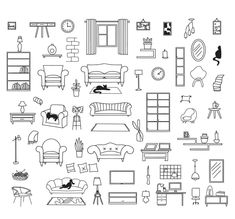 a collection of furniture and decor items in black and white, including couches, chairs, tables, bookshelves