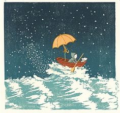 an illustration of a cat in a boat with an umbrella