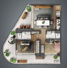 an overhead view of a floor plan with furniture and kitchen area in the center,