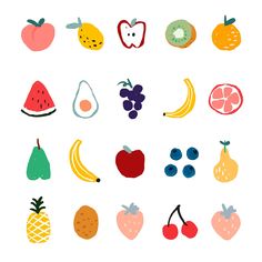 various fruits and vegetables are grouped together on a white background, including bananas, apples, oranges, cherries, blueberries