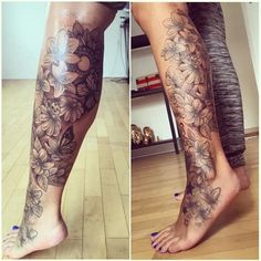 two pictures of legs with flowers on them