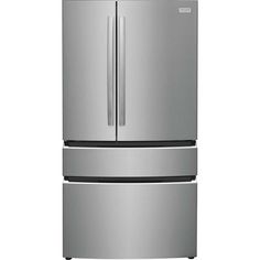 a stainless steel refrigerator freezer with two doors and one door on the side,