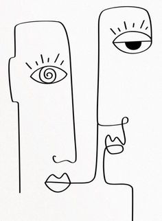 a black and white drawing of two faces with one eye looking up at the other